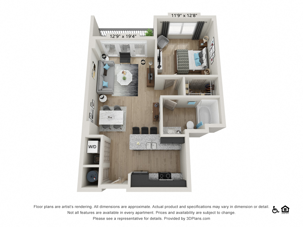 Floor plan for 1 bed, 1 bath, 776 sqft